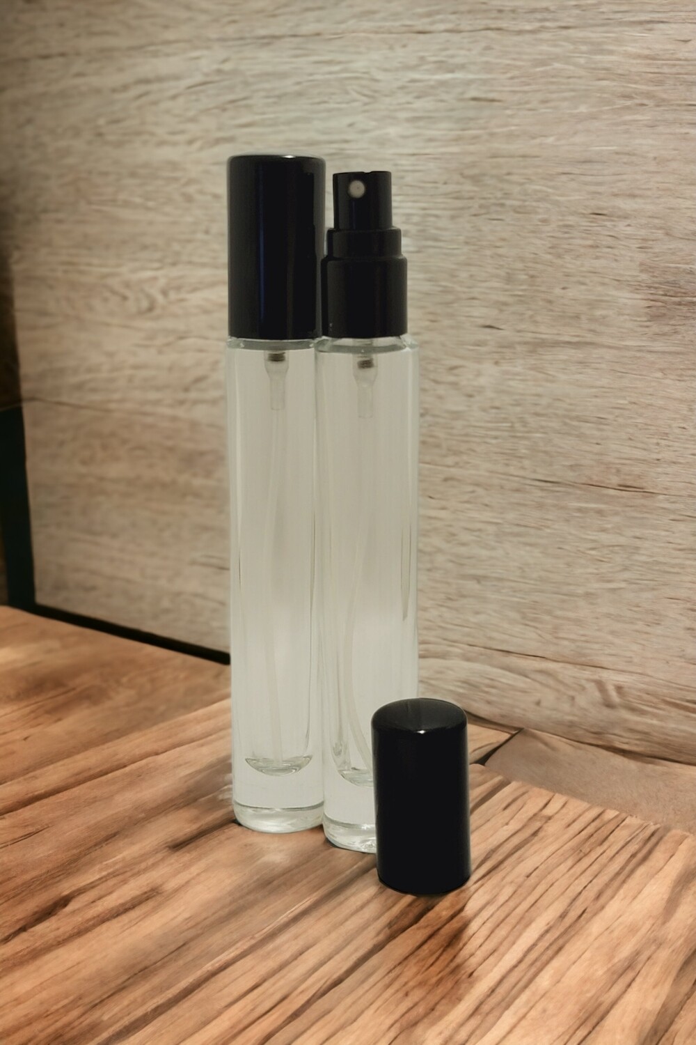 10mL Elegant THICK QUALITY Clear GLASS Atomiser with Gloss Black Overcap