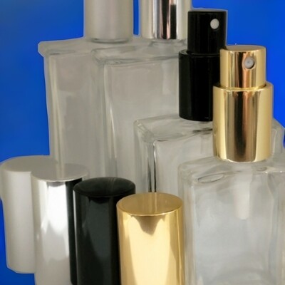 Rectangular Clear Glass 30mL to 100mL  - SELECT VOLUME &amp; ATOMISER COLOUR