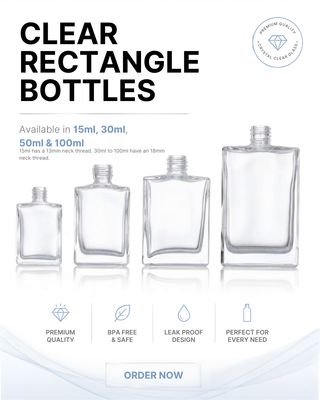 Rectangular Clear Glass 30mL to 100mL  - SELECT VOLUME &amp; ATOMISER, SPRITZER, or SERUM PUMP COLOUR
