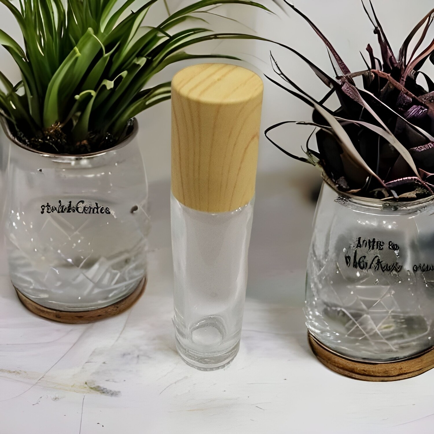 10ml CLEAR THICK GLASS with Metal Roller with TIMBER IMITATION GRAIN Screw Cap - Pack of 10