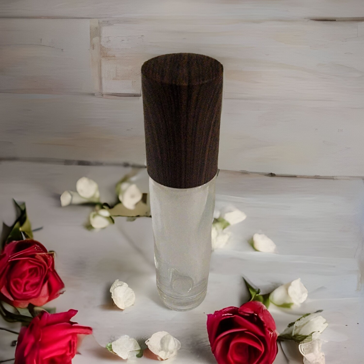 10ml CLEAR THICK GLASS with Metal Roller with DARK BROWN GRAIN Screw Cap - Pack of 10