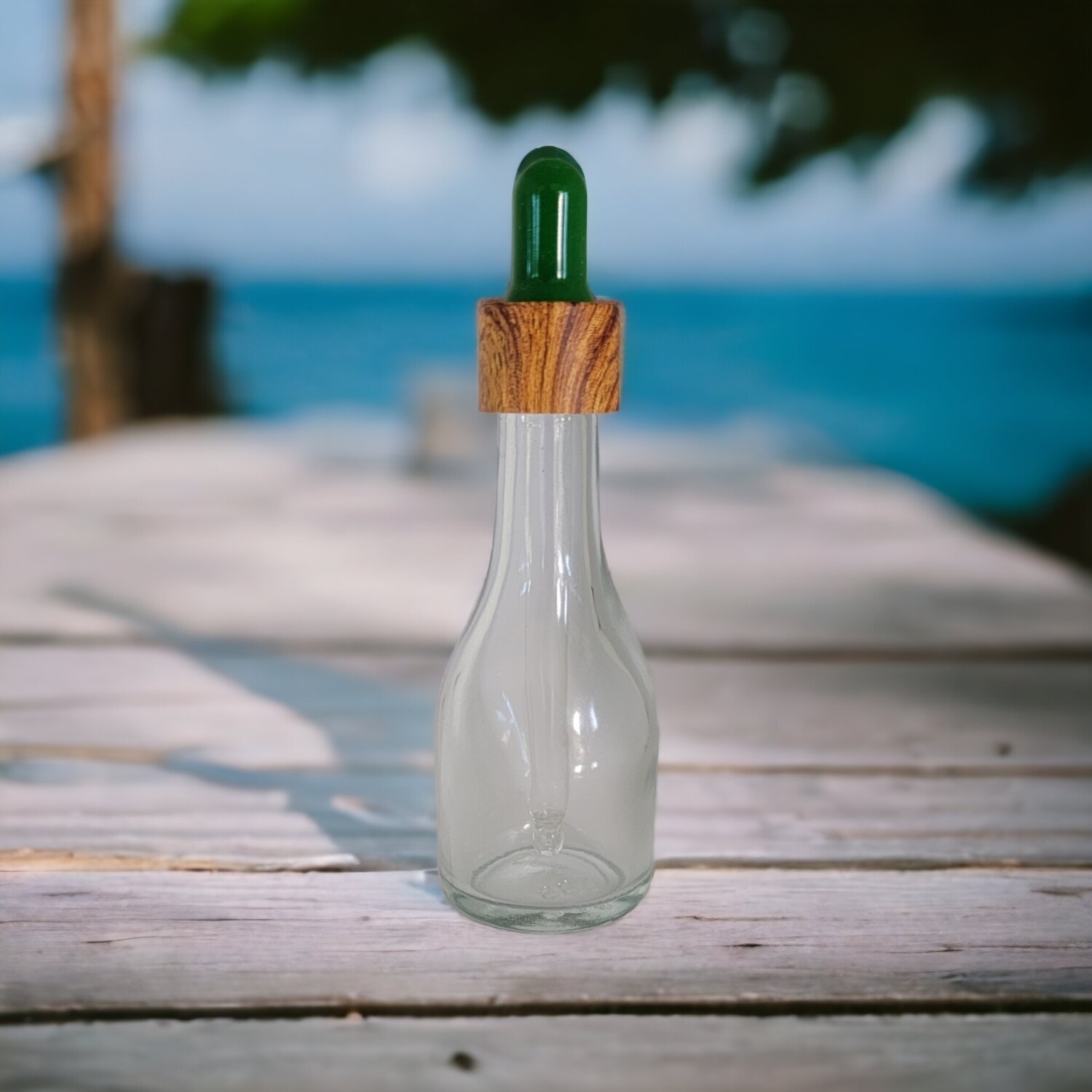 30mL WAIST CLEAR GLASS with Timber Cap &amp; Black Teat DROPPER SET