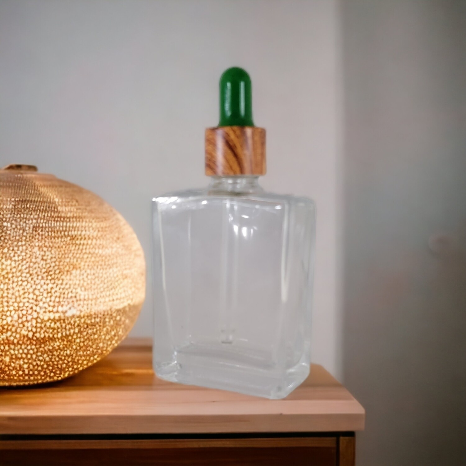 50ml Rectangle Clear Glass Dropper Bottle with GREEN Teat IMMITATION TIMBER Cap &amp; Dropper - PACK OF 10