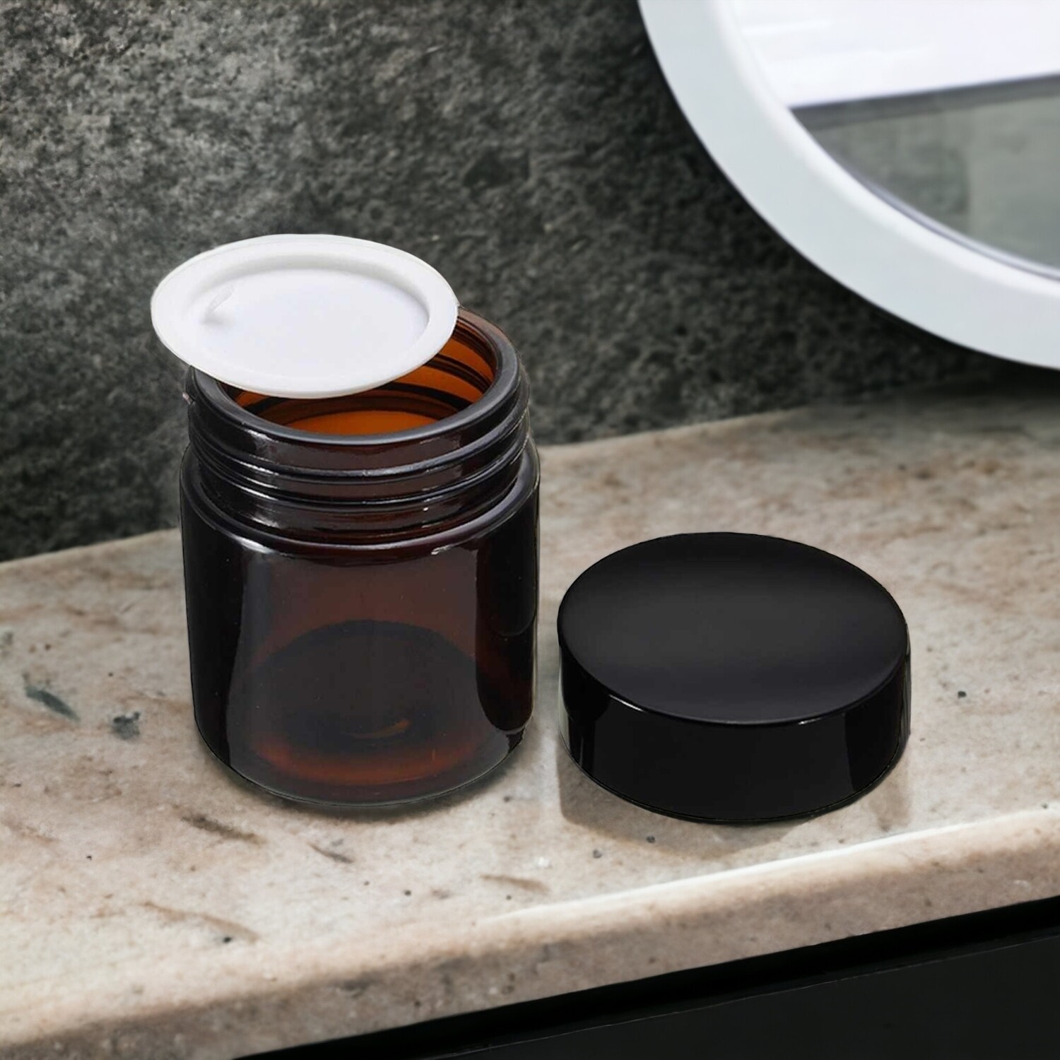 120gm Amber Glass QUALITY Balm Pot with Caska Seal &amp; BLACK Screw Cap Pack of 30 Pcs