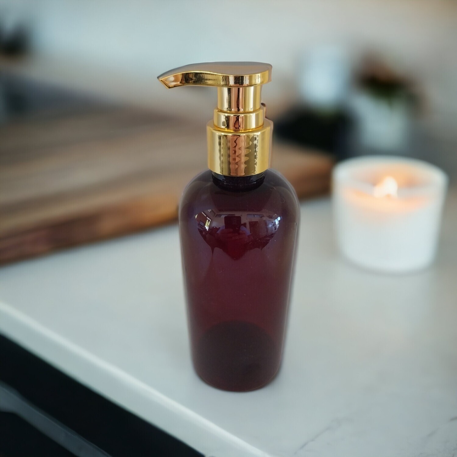 250mL Imitation GOLD DUCK BILL Lotion Pump with AMBER PET(Plastic) Bottle - 24mm Neck