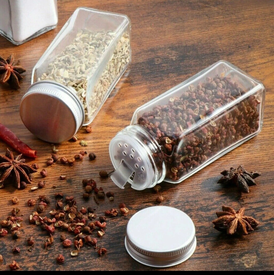 120ml or 4oz Square Clear Glass Jar HERB SPICE STORAGE SHAKER JARS (SET of 12 ) FREE FUNNEL LABELS &amp; CLEANING BRUSH