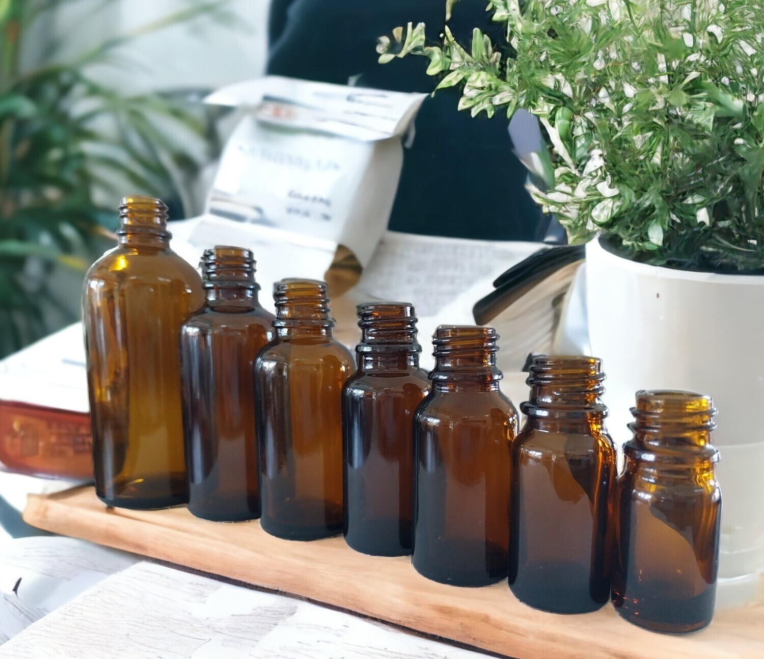 AMBER GLASS BOSTON AROMA BOTTLES 18mm NECK - 5mL to 100mL OPTIONS TO CHOOSE CAP  TEAT OR ADD DISPENSER SPRAY/PUMP