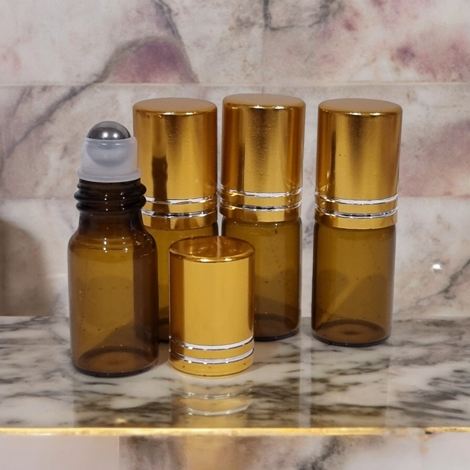 3ml  Amber Glass Rollon with Metal Roller Ball (Clear Housing) and GOLD 2LINE Cap - 50PC PACK