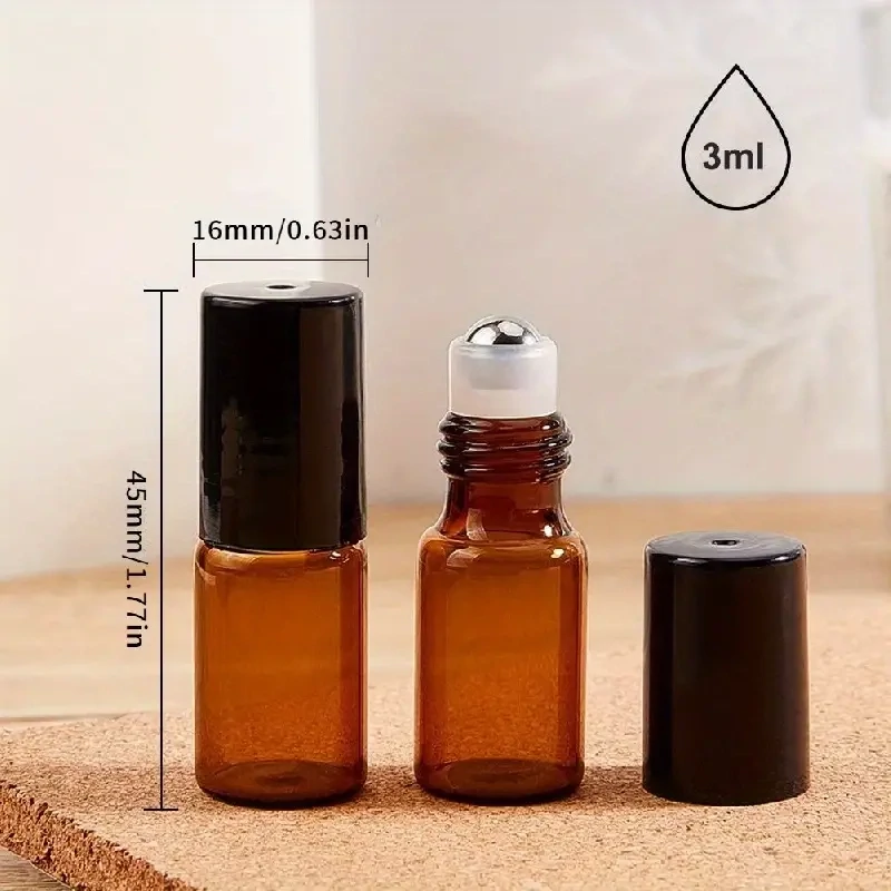 3ml  Amber Glass Rollon with Metal Roller Ball (Clear Housing) and Black Cap