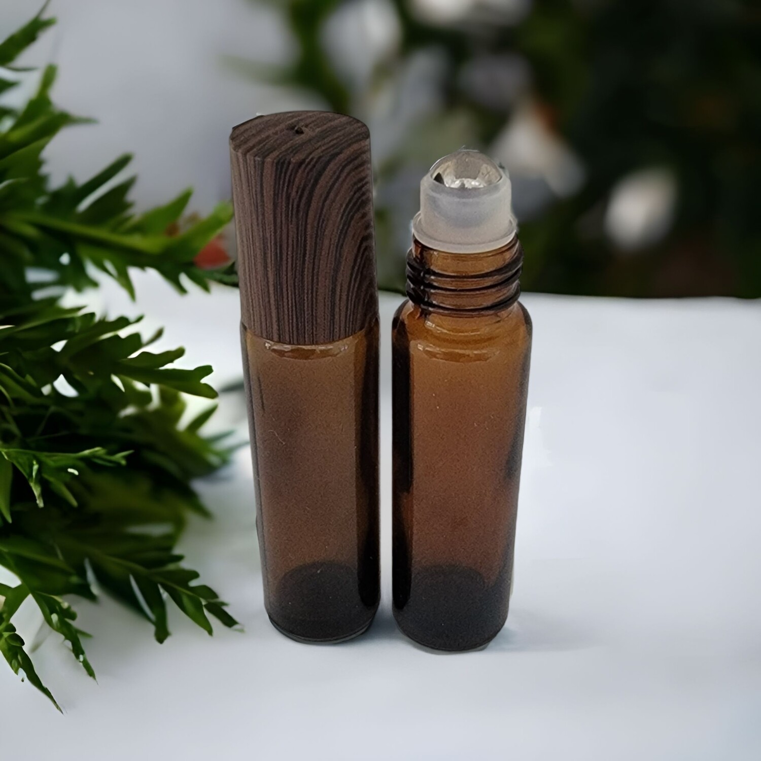 10ml Amber THICK GLASS with Metal Roller with DARK BROWN GRAIN Screw Cap