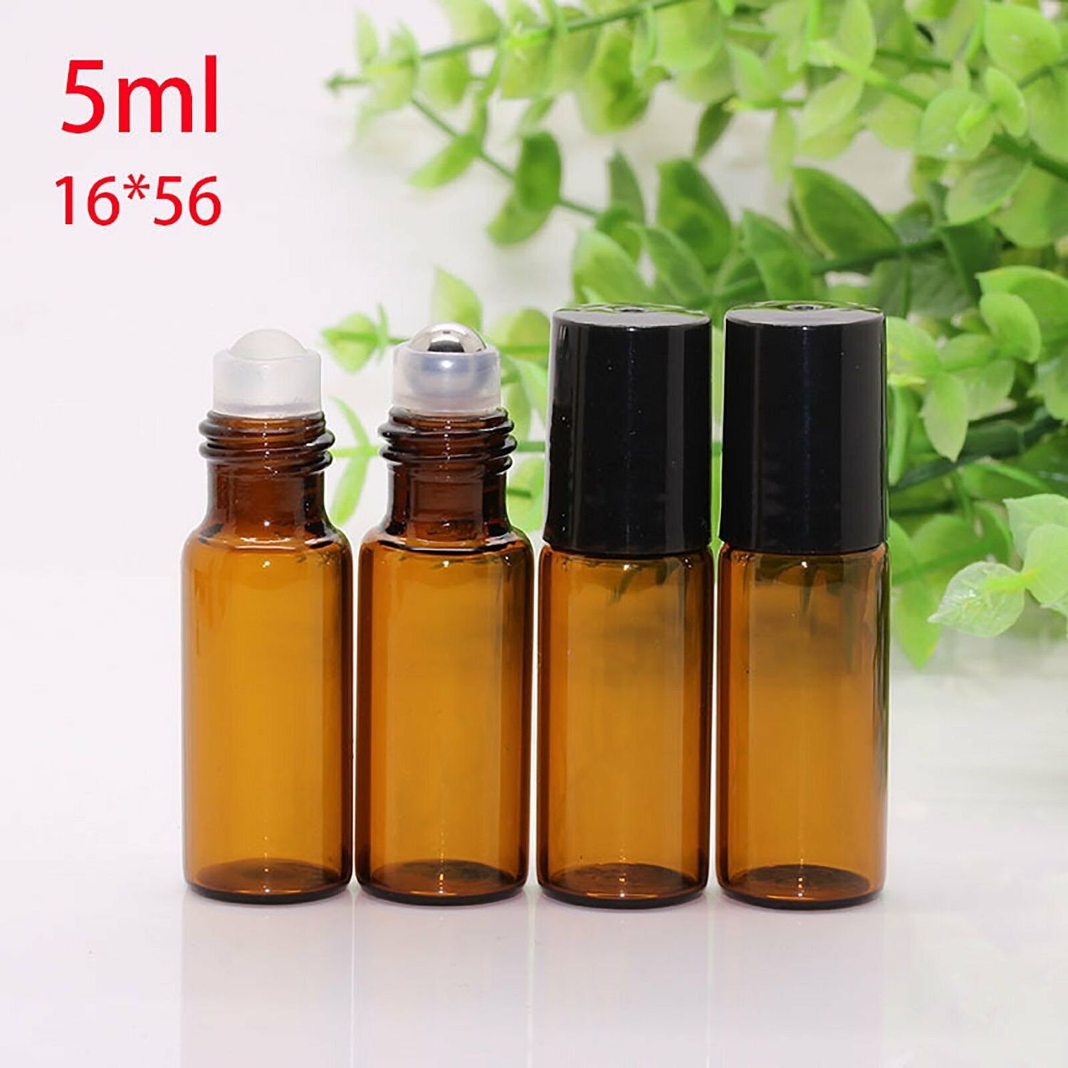5ml AMBER Glass Roller with Black Cap &amp; S/Steel Roller Ball PACK of 10