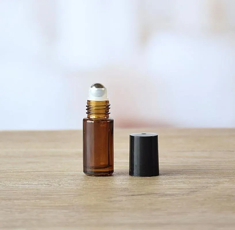 5ml Amber Thick Glass 16mm Neck Rollon with Metal Roller &amp; Black Cap