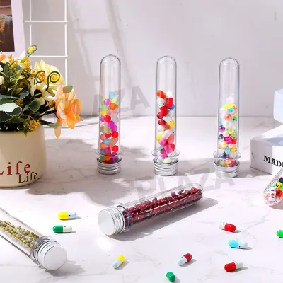 45mL TEST TUBE Plastic (PET ♲ ) with SILVER WADDED CAP  Lab Test Tubes Metal Cap Screw Lid Round Bottom Suitable for Wedding Parties