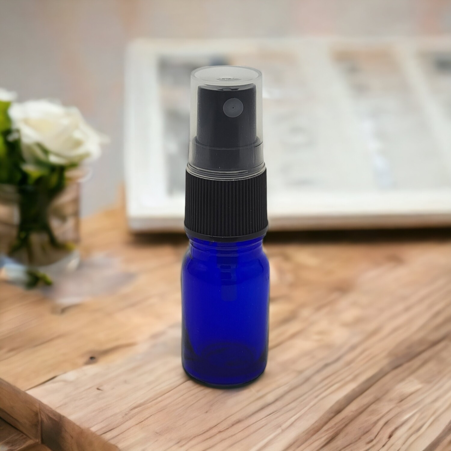 30ml COBALT BLUE Glass Boston 18mm Neck Bottle + BLACK SPRITZER/ ATOMISER with over cap