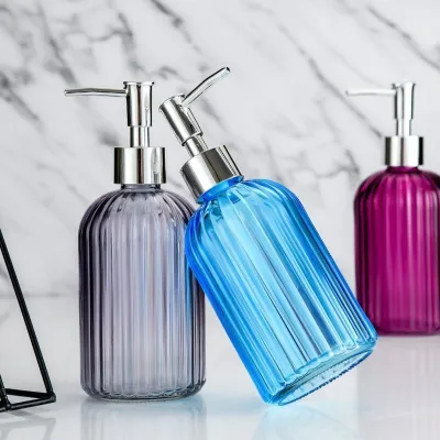 500mL , 400mL &amp; 200mL  RIBBED COLOURED/CLEAR GLASS &amp;  SILVER GOLD or BLACK LOTION PUMP - Chic Essential