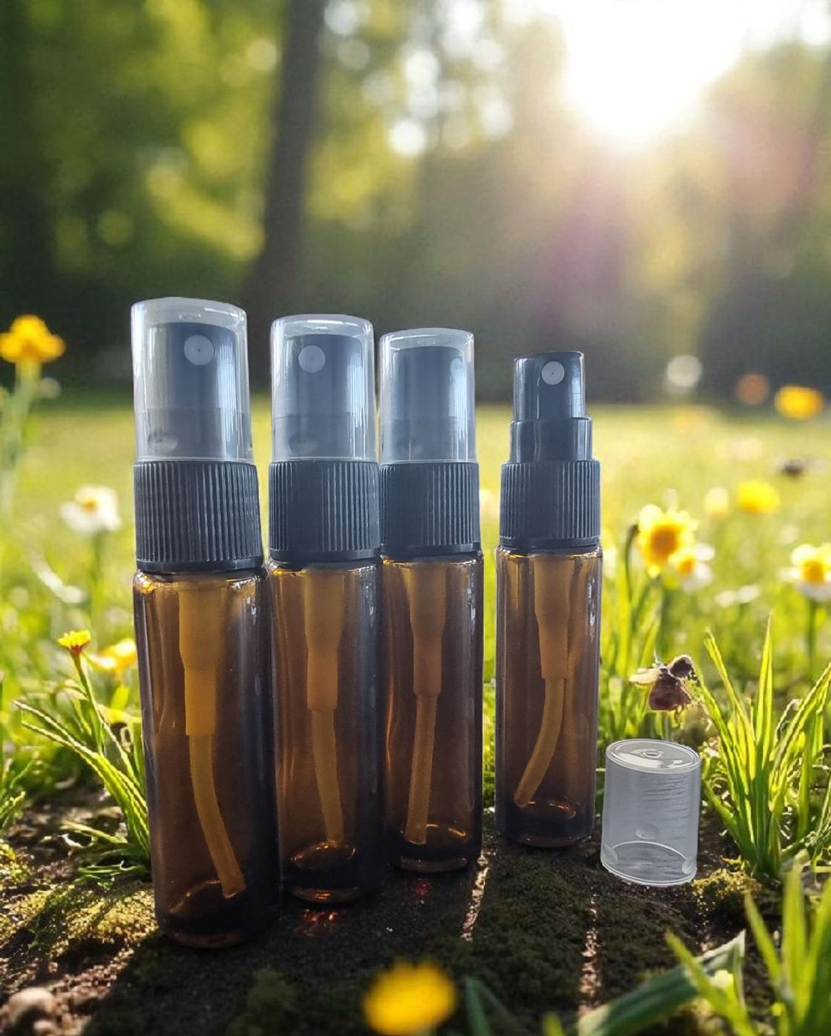 10ml AMBER THICK GLASS  VIAL  + BLACK SPRITZER/ ATOMISER with OVERCAP - PACK OF 14 - SPECIAL BUY