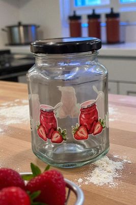 350mL GLASS JAM JARS with Black Twist Cap - STRAWBERRY MOTIF