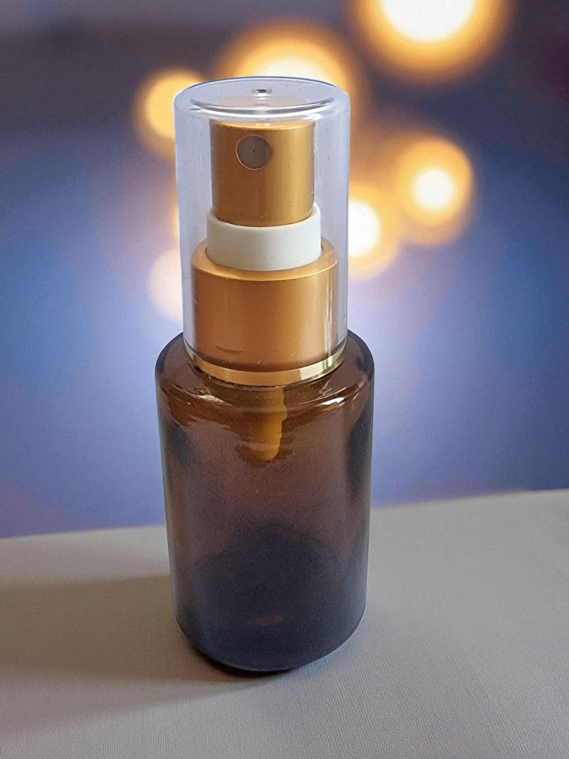 30mL Square Shoulder Full AMBER  Glass Base &amp; Gold  ELEGANT Atomiser with Cear Overcap - SPECIAL BUY