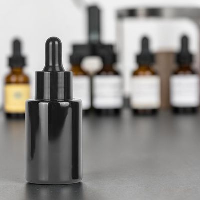 30ML BLACK (FULL GLASS COLOUR) SQUARE SHOULDER BLACK CAP &amp; TEAT DROPPER BOTTLE - SPECIAL BUY