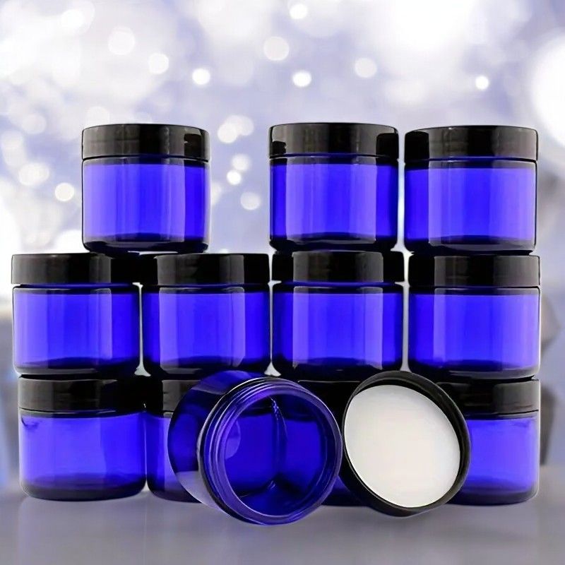 50g COBALT BLUE (NOT PAINTED)   Glass QUALITY Balm Pot &amp; Wadded BLACK Screw Cap  - SPECIAL BUY