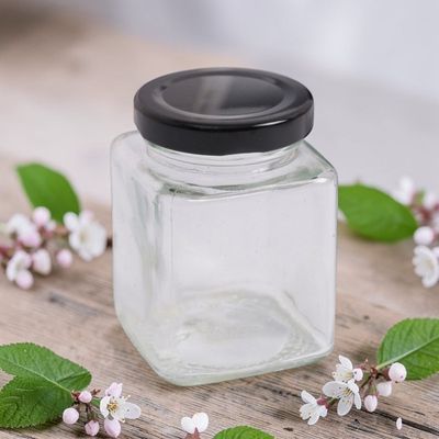 200ML SQUARE SIDED GLASS JAR CHOICE OF CAP COLOUR  - 60 JARS