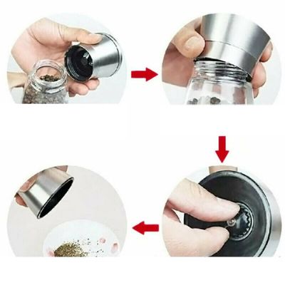 Stainless steel pepper grinder with adjustable ceramic grinding head.