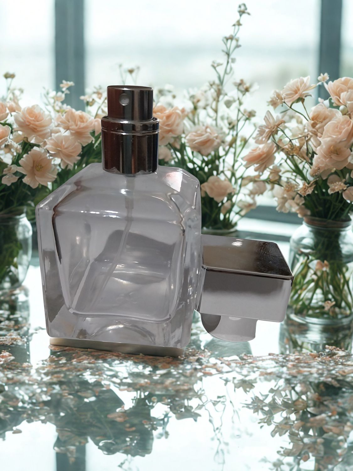 50mL Square Glass Atomiser (MFK Similar) with Gloss Silver Overcap