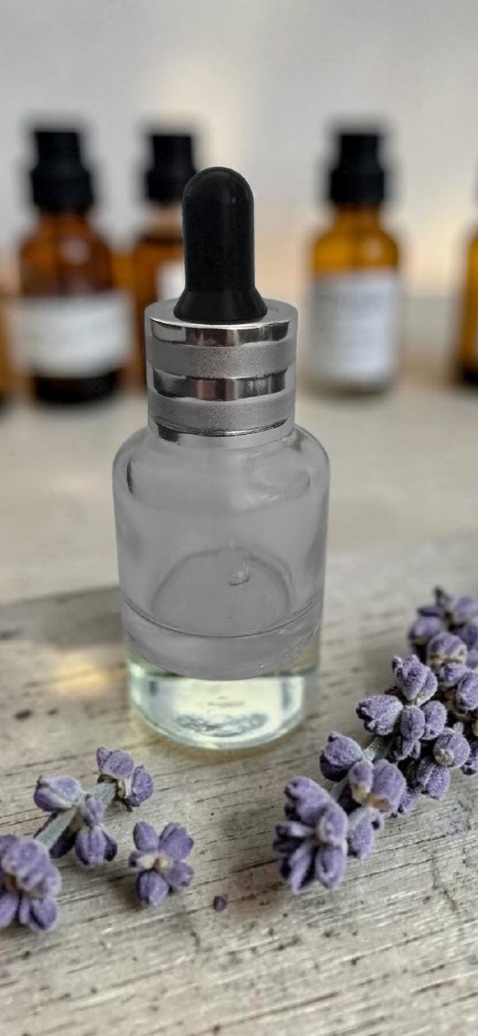 15ml Clear shaped glass dropper set with Black Teat (Estee Lauder SILVER CAP Style)