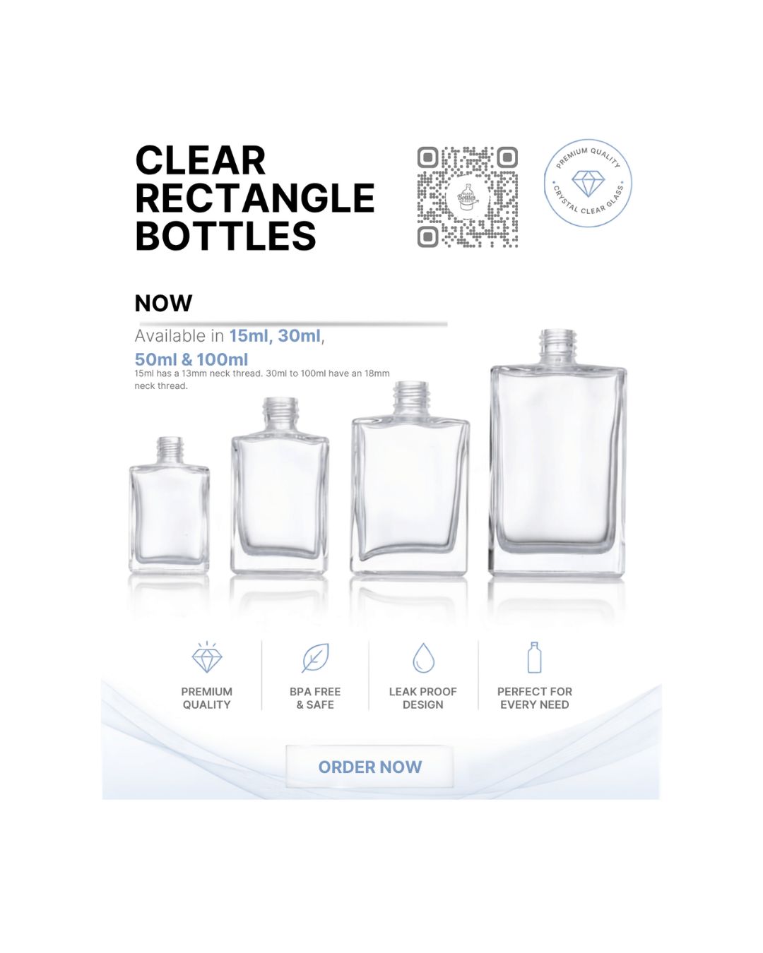 15mL RECTANGLE CLEAR GLASS BOTTLE 13MM NECK