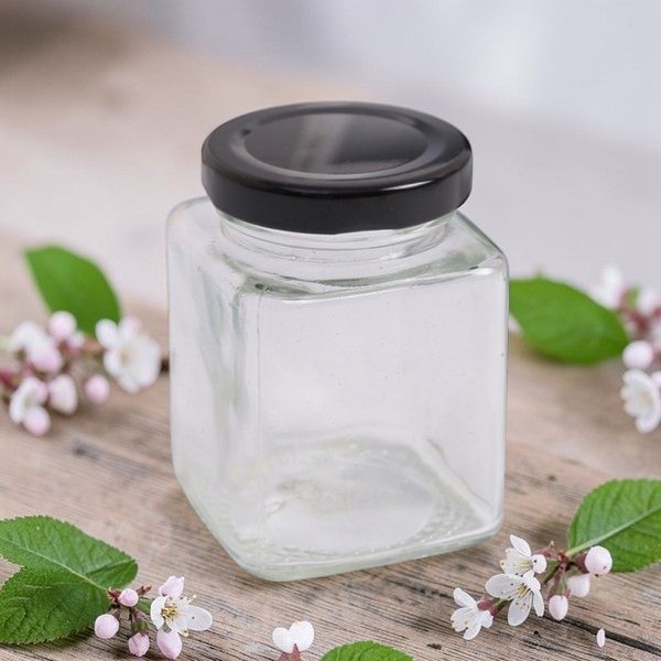 200ML SQUARE SIDED GLASS JAR CHOICE OF CAP COLOUR  - PACK OF 16