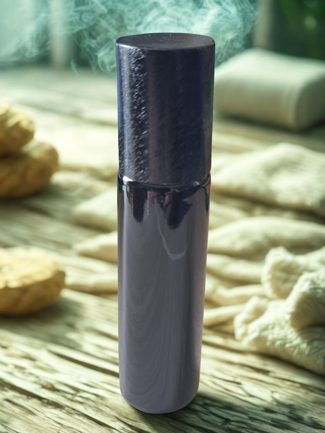 10ml MATT BLACK THICK GLASS with Metal Roller with FUR SCROLL BLACK Screw Cap