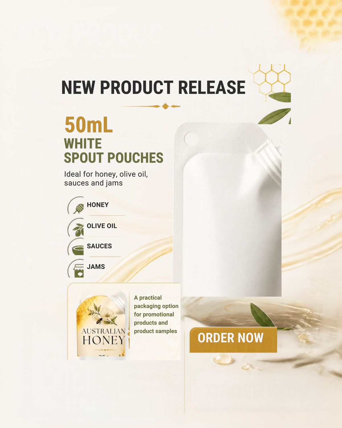 50ML SPOUT WHITE POUCHES - WITH TAMPER EVIDENT CAP