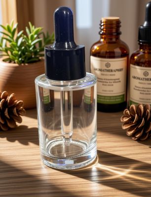 30mm TALL SQUARE SHOULDER CLEAR GLASS DROPPER BOTTLE WITH  GLOSS ALUMINA BLACK CAP &amp; BLACK TEAT