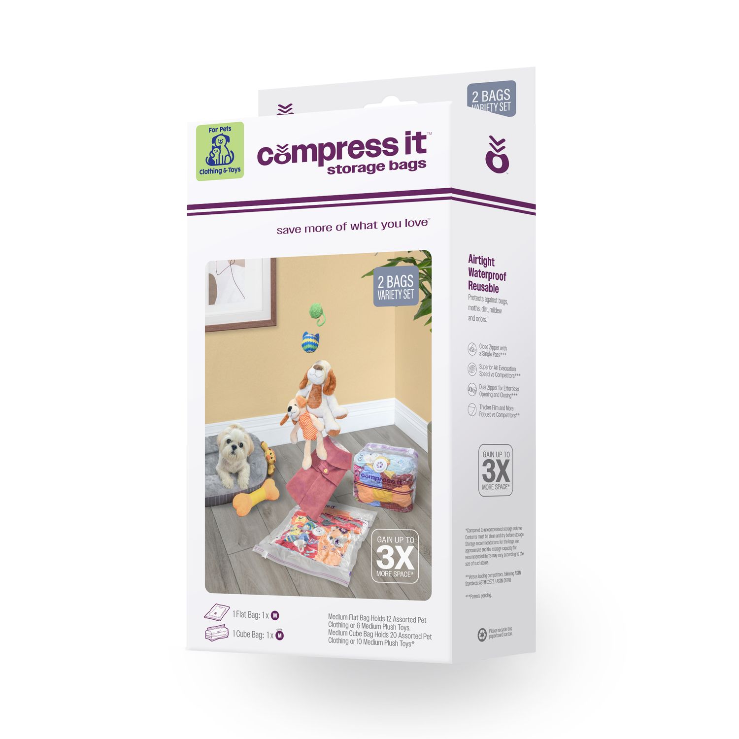 1-Medium Flat, 1-Medium Cube Vacuum Compression Pet Bag Set