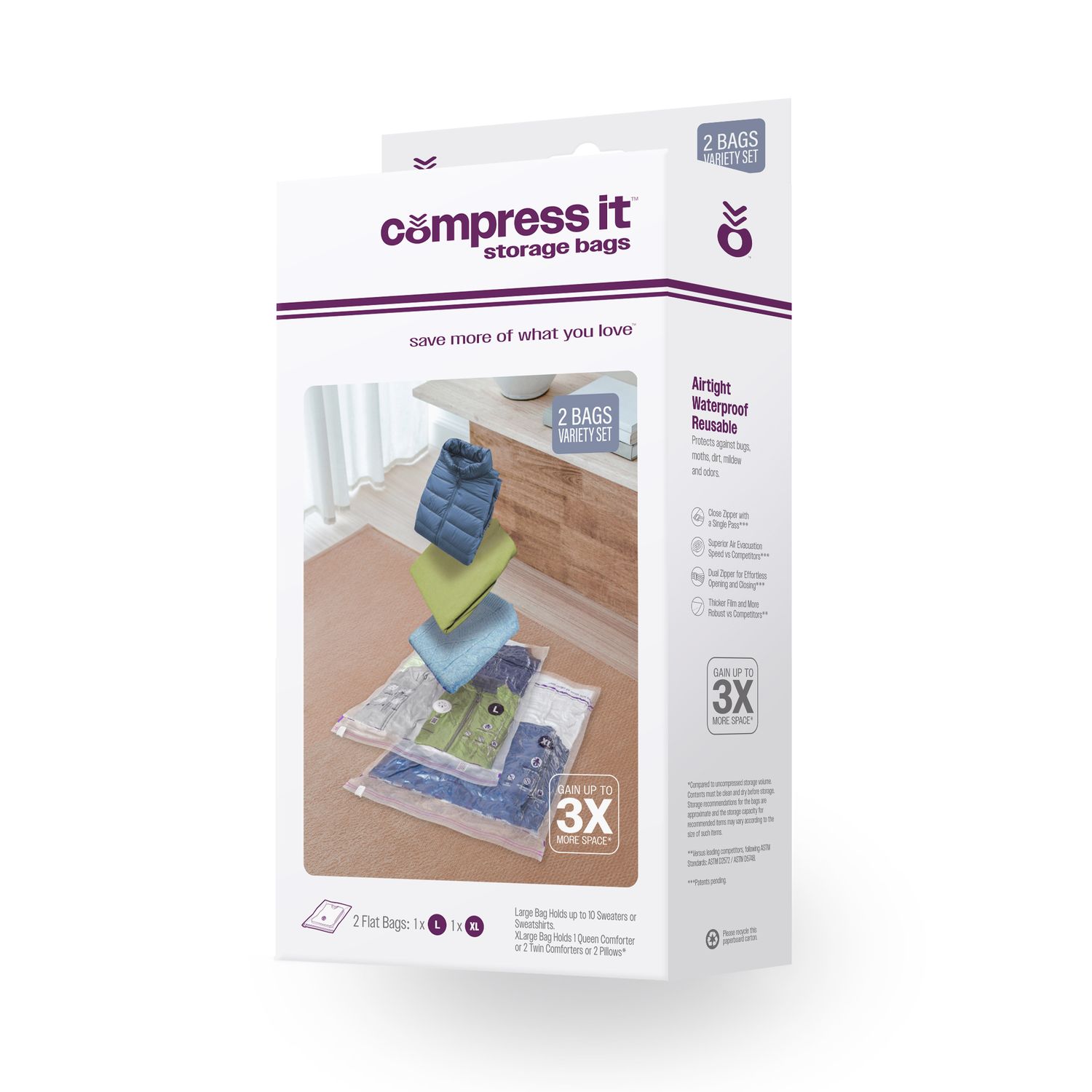 1-Large Flat, 1-XLarge Flat Vacuum Compression Bag Set