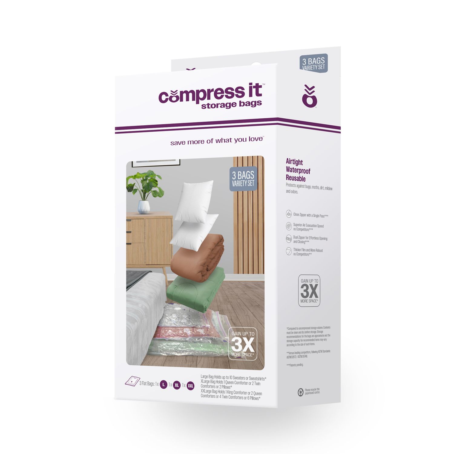 1-Large Flat, 1-XLarge Flat, 1-XXLarge Flat Vacuum Compression Bag Set