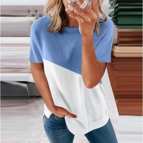 U.S. Fashion Wholesale Clothing Contrast Color Design Round Neck Women T-shirt/ Top - Light Blue