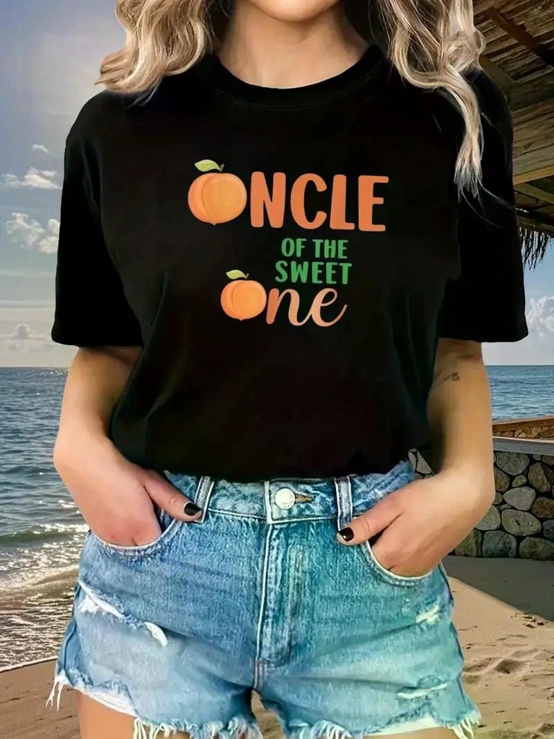 Uncle of The Sweet One Peach 1st Birthday on Peach T-Shirt Graphic Print Solid T-Shirt, Women&#39;S Casual Short Sleeve Top