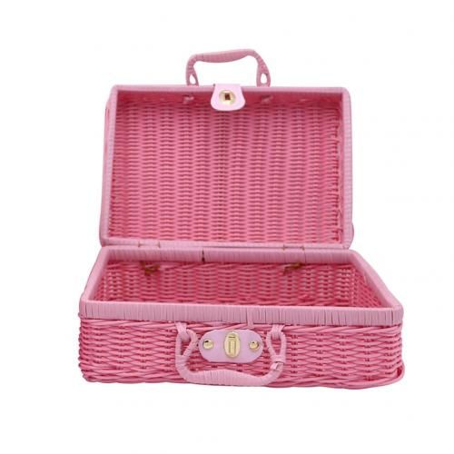 Color: Pink, Size: 40X30X18cm - Cosmetic Finishing Retro Props Rattan Suitcase Storage Solid Pp Woven Rattan Box