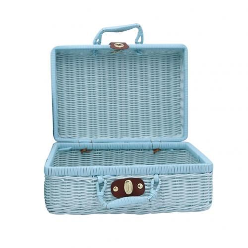 Color: Blue, Size: 40X30X18cm - Cosmetic Finishing Retro Props Rattan Suitcase Storage Solid Pp Woven Rattan Box