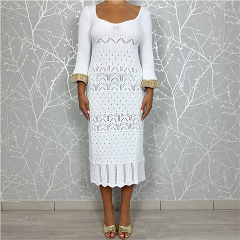 Abito Lungo Crochet Bianco, Taglia: L, Colore: BIANCO