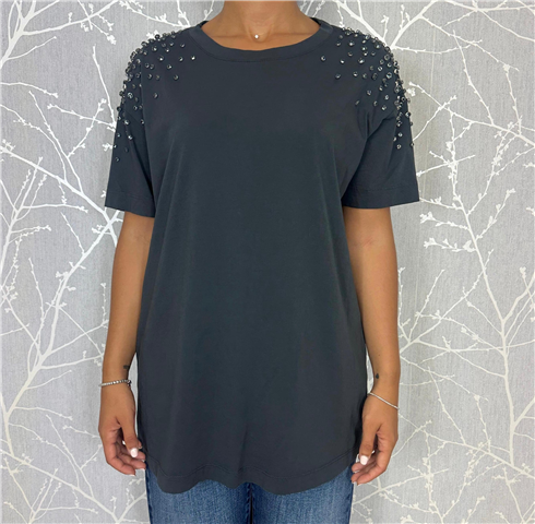 T-shirt Over Con Strass Applicati Sulle Spalle Art. Rf0207, Taglia: U, Colore: GRIGIO SCURO
