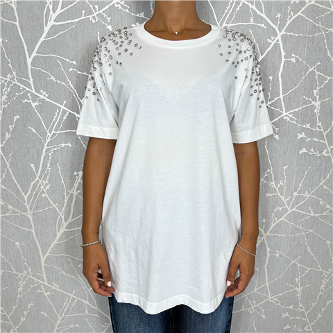T-shirt Over Con Strass Applicati Sulle Spalle Art. Rf0207, Taglia: U, Colore: BIANCO