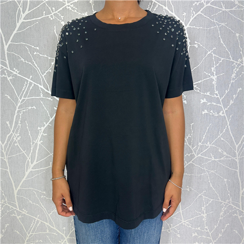 T-shirt Over Con Strass Applicati Sulle Spalle Art. Rf0207, Taglia: U, Colore: NERO