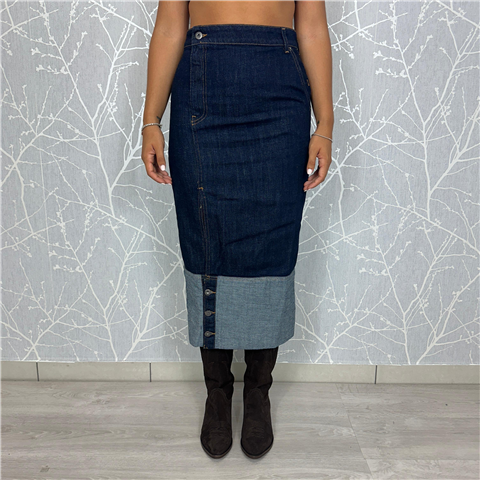 Longuette In Denim Asimmetrica Con Risvolto A Contrasto Art. M1f0121, Taglia: 38, Colore: DENIM BLU