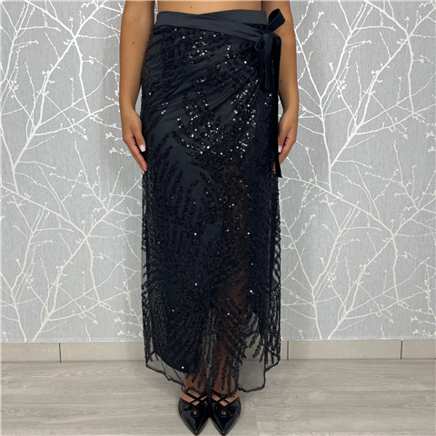 Gonna Pareo In Tulle Rivestita Di Perline E Micropaillettes, Taglia: 1, Colore: NERO