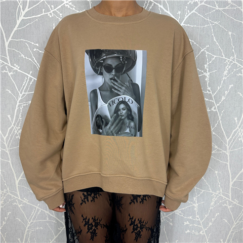 Felpa Over Svasata Sul Retro Con Collo Rotondo E Maniche Baloon Art. Rf0158, Taglia: U, Colore: BEIGE