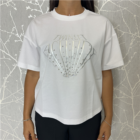T-shirt Con Stampa E Strass, Taglia: M, Colore: BIANCO