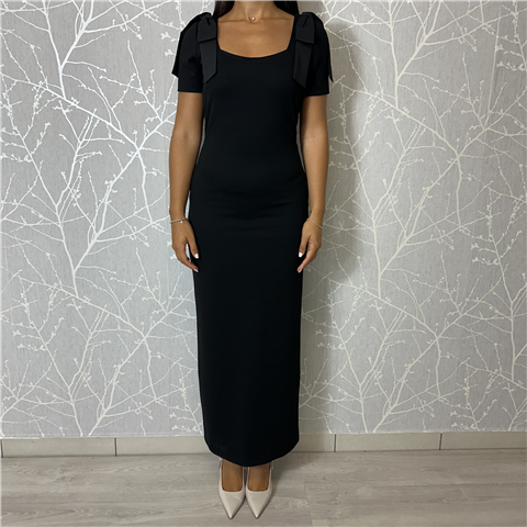Abito Aderente Manica Corta Con Fiocchi Sulle Spalle, Taglia: L, Colore: NERO