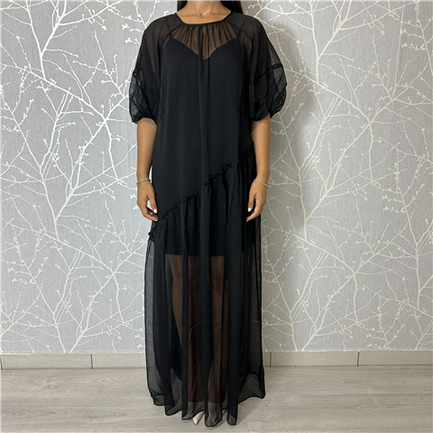 Abito Lungo Manica A Palloncino Con Sottoveste, Taglia: M, Colore: NERO